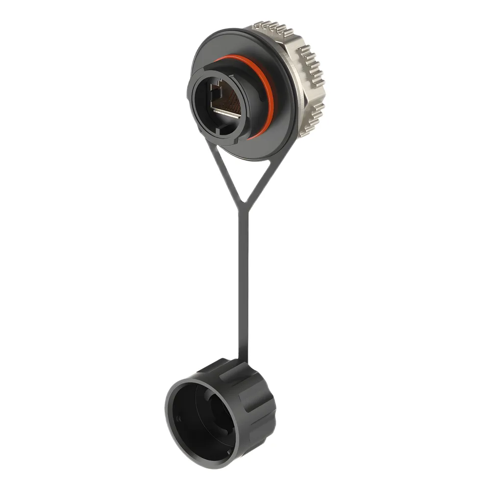 Acoplador RJ45 de Uso Industrial Estilo TG, Categoría 6A, con Tapa Protectora, Protección IP67