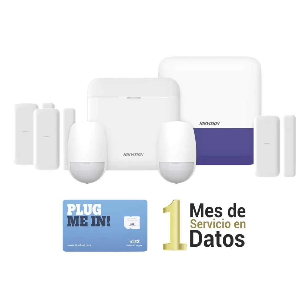 (AX PRO) KIT de Alarma AX PRO con GSM (3G/4G) / Incluye: 1 Hub / 2 Sensores PIR / 3 Contactos Magnéticos mini / 1 Control Remoto / 1 Sirena Inalambrica Exterior  / 1 WiFi / 1 MICROSIM30M2M con 1 mes de servicio/Compatible con Hik-Connect P2P