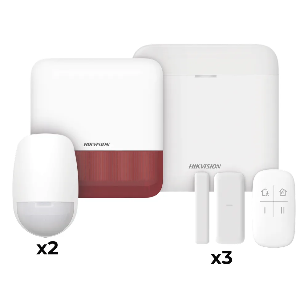 (AX PRO) KIT de Alarma AX PRO con GSM (3G/4G) / Incluye: 1 Hub con bateria de respaldo / 2 Sensores PIR / 3 Contactos Magnéticos mini / 1 Control Remoto / 1 Sirena estrobo Roja Inalambrica Exterior / WiFi / Compatible con Hik-Connect P2P