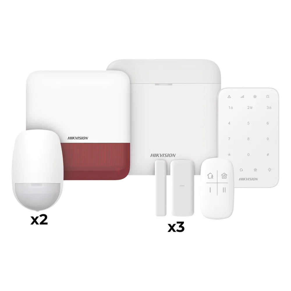 (AX PRO) KIT de Alarma AX PRO / Incluye: 1 Hub / 2 Sensores PIR / 3 Contactos Magnéticos mini / 1 Control Remoto / 1 Sirena Estrobo en color Rojo Inalámbrica Exterior /1 Teclado Inalámbrico / Wi-Fi / Compatible con Hik-Connect P2P