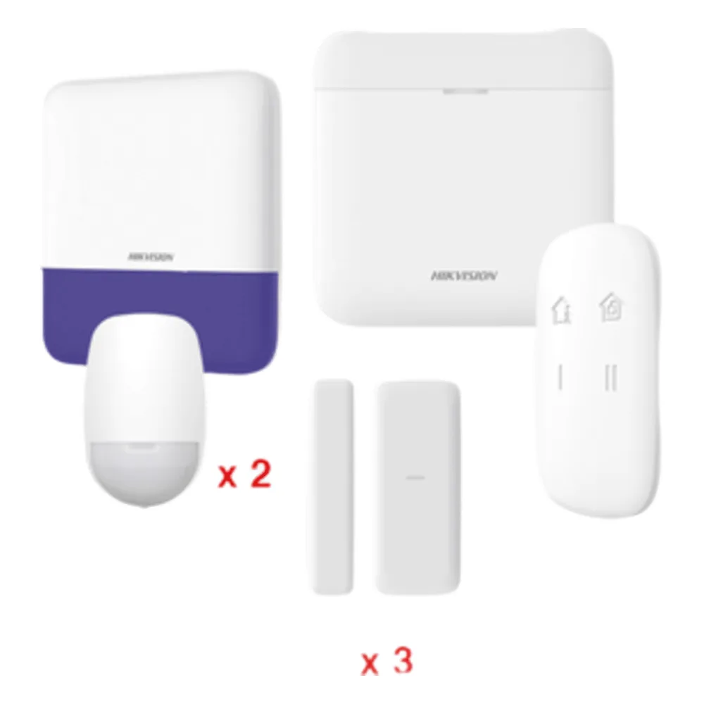 (AX PRO) KIT de Alarma AX PRO / Incluye: 1 Hub con batería de respaldo / 2 Sensores PIR / 3 Contactos Magnéticos mini / 1 Control Remoto / 1 Sirena Inalambrica Exterior / WiFi / Compatible con Hik-Connect P2P
