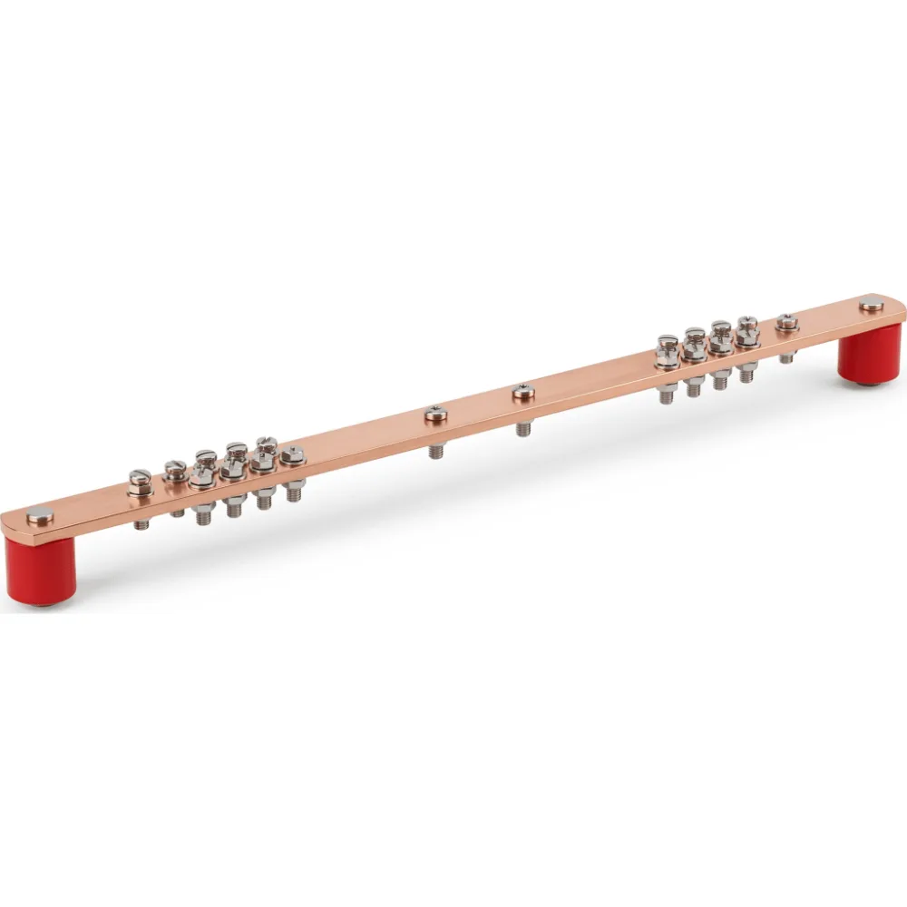 Barra Distribución Tierra Rack 19 in / Cobre 100% / 550A / Aisladores Rojos / 0.64 cm (0.25 in) / J-STD-607-A – vista 2