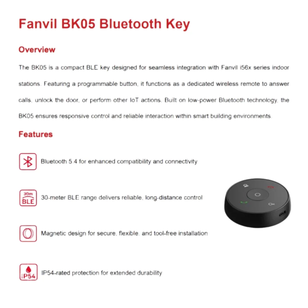 Bluetooth Key / 5 Botones Programables / Bluetooth 5.4 / Alcance 30 m (98.4 ft) / IP54 / Batería 300 mAh / Magnético