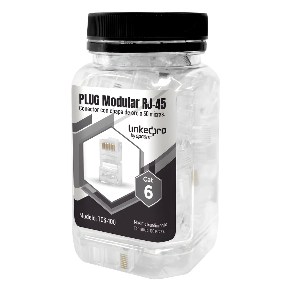 Bote con 100 Piezas de Plug Modular RJ45 Cat6 sin Blindaje, Chapado de Oro a 30 Micras para Durabilidad Extrema