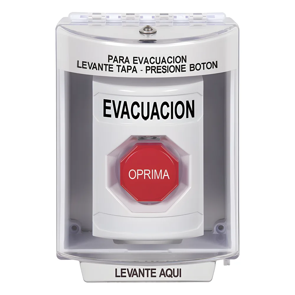 Botón de Evacuación, Cubierta de Policarbonato Súper Resistente de Superficie con Espaciador, Restablecimiento con Llave, Con Bocina de Advertencia