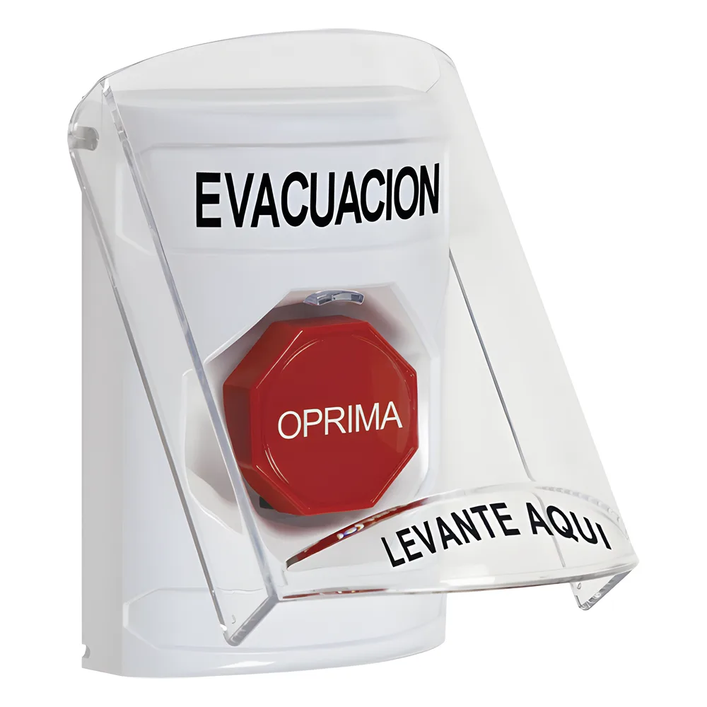 Botón de Evacuación, Texto en Español, Tapa Protectora de Policarbonato Súper Resistente, Restablecimiento con Llave