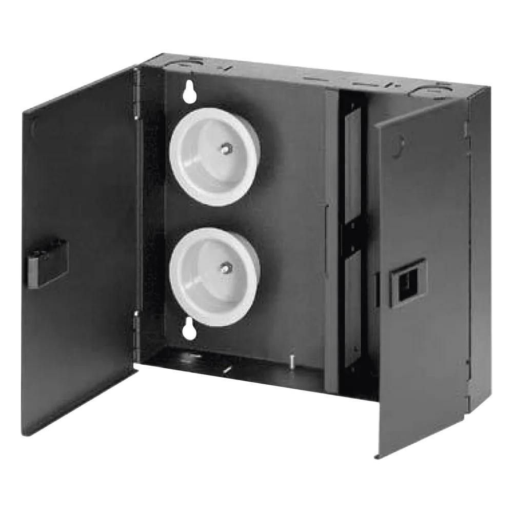 Caja de Conexión de Fibra Óptica, Para Montaje en Pared, Acepta 2 Placas FAP o FMP, Hasta 48 Fibras, Color Negro