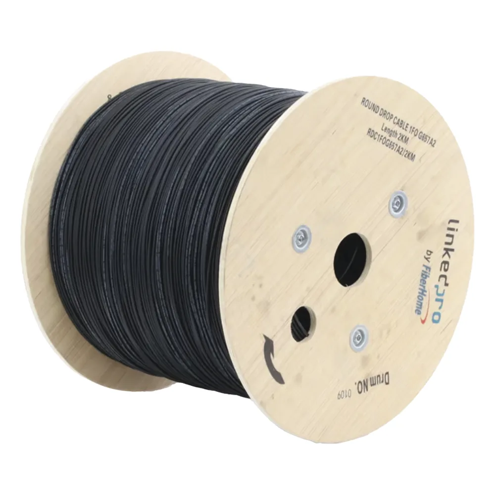 Carrete de 2 km de Fibra Óptica Aérea Tipo Drop Redonda (Figura 0) G.657A2, Monomodo, 1 Hilo, Forro de 3 mm