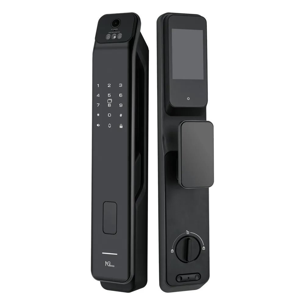 Cerradura Inteligente / Reconocimiento de Venas de la Palma / Reconocimiento Facial / Huella Dactilar / Video Intercom Bidireccional / Wi-Fi 2.4 GHz / App NGTeco Home / Auto Apertura y Cierre / Timbre Integrado / Aluminio / Puerta 45-60 mm (1.77-2.36 in)
