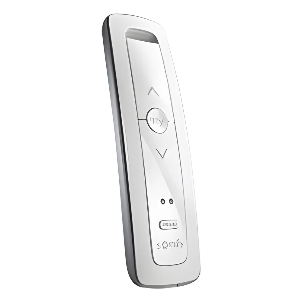 Control remoto 2 canales para motores de persiana Somfy con señal inalámbrica, instrucciones: sube, baja y detener, con posición favorita programada.