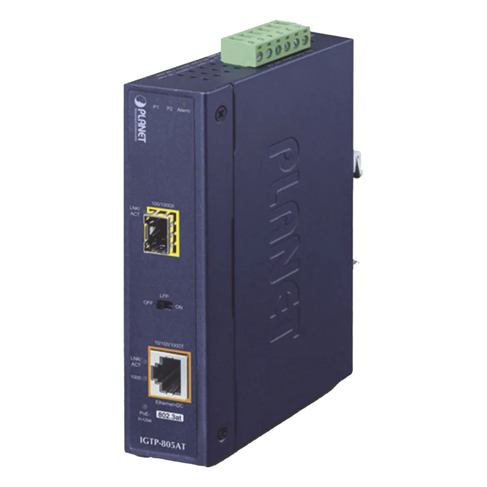 Convertidor de Medios PoE Industrial, Puerto SFP 1000BASE-SX/LX a Puerto RJ45 Gigabit con Salida PoE 802.3at (Hasta 30 W).