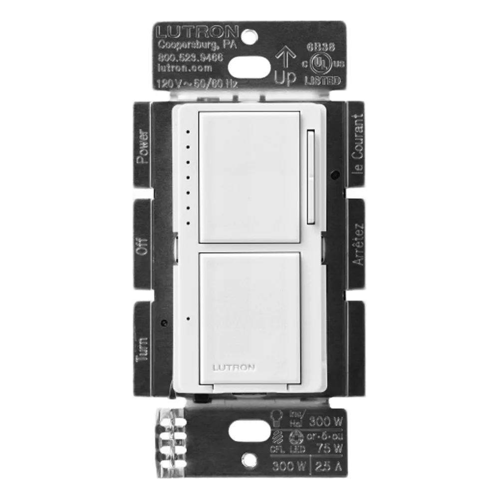 Dimmer y apagador combinados de pared, 300 W incandescente/halógena o 75 W LED/CFL, apagador 300 W / 2.5 A, sin cable neutro, línea Lutron Maestro