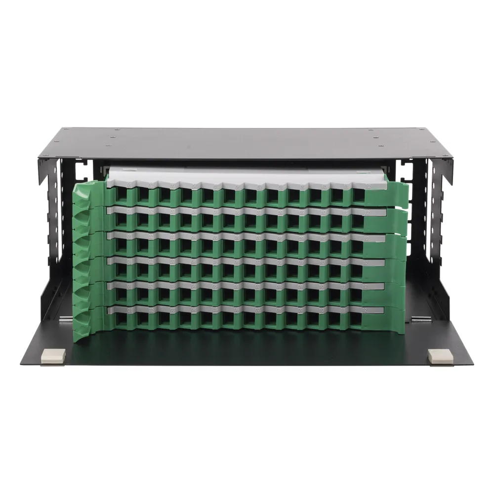 Distribuidor de Fibra Óptica con Bandejas Deslizables, Vacío, 19 Pulgadas, Acepta 72 Adaptadores LC Duplex o LC Simplex o 72 SC Simplex, 4U
