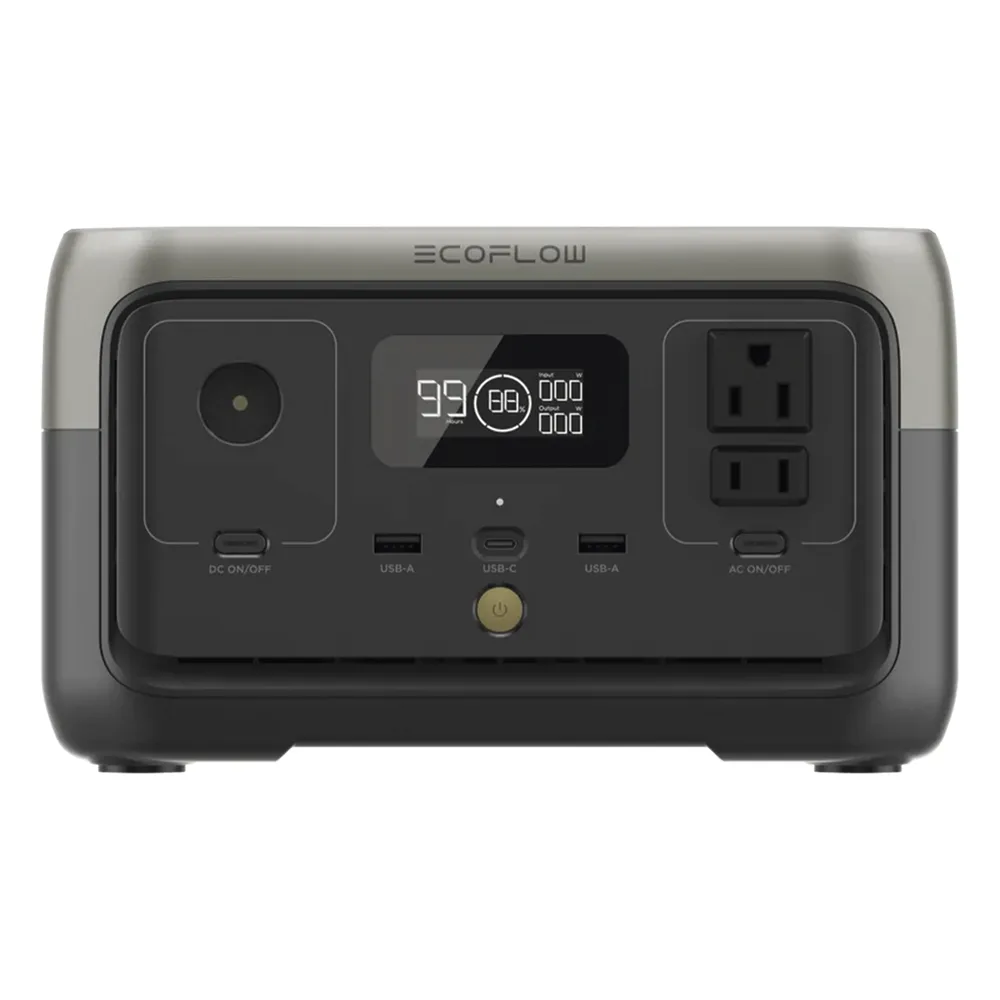 EcoFlow River 2 | Estación de Energía Portátil 256Wh Litio LFP / 2 AC 300 W (Max. 600W) / 1 USB-C 60W / 2 USB -A 12W / Cargador de Coche 8A a 12 o 24V / Conectividad WiFi y Bluetooth (App) / Carga Solar 110W Max.