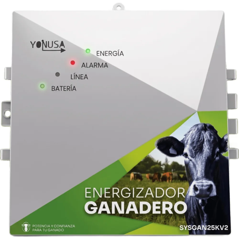 Energizador Ganadero / 10,000 Volts / 0.2 a 5.0 Joules Ajustable / 25 km Lineales / Alimentacion 90-260 Vca y 12 Vcd / Panel Solar / NEMA 2