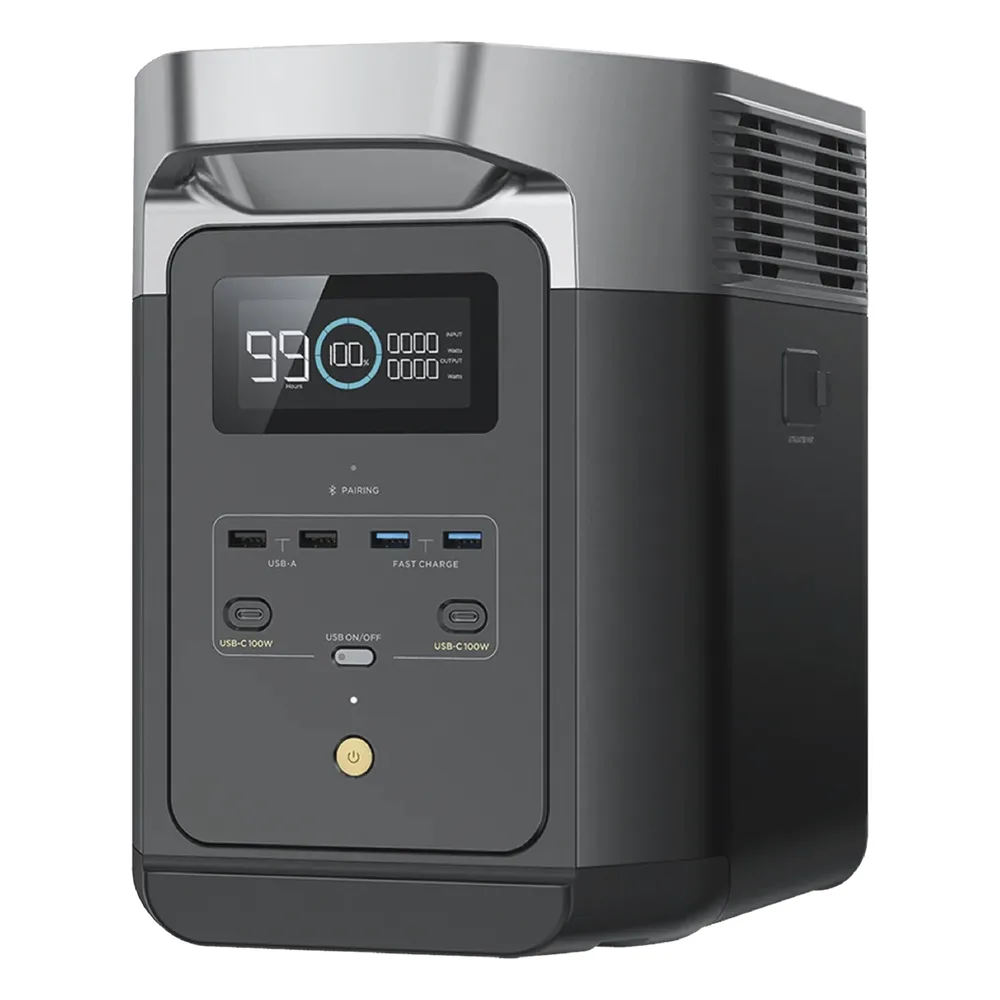 Estación de Energía Portátil Delta 2 1024Wh Litio LFP / 6 AC 1800 W (Max. 2200W) / 2 USB-C 100W / Capacidad para Aumentar Respaldo / Cargador de Coche 10A a 12.6V / Conectividad WiFi y Bluetooth (App) / Carga Solar 500W Max.