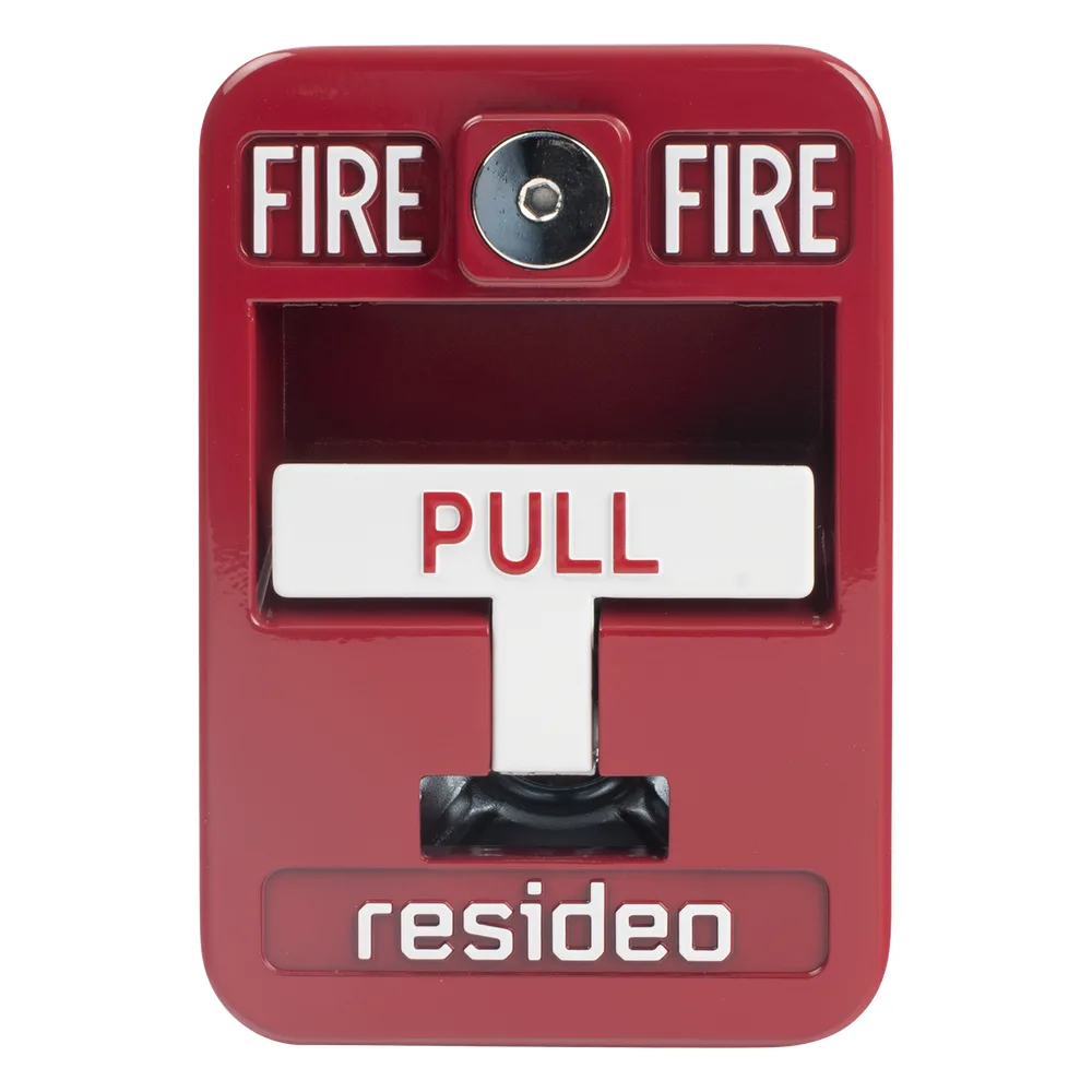 Estación manual de jalón contra incendio de acción simple, reset con llave Allen, cumple ADA, carcasa de aluminio fundido