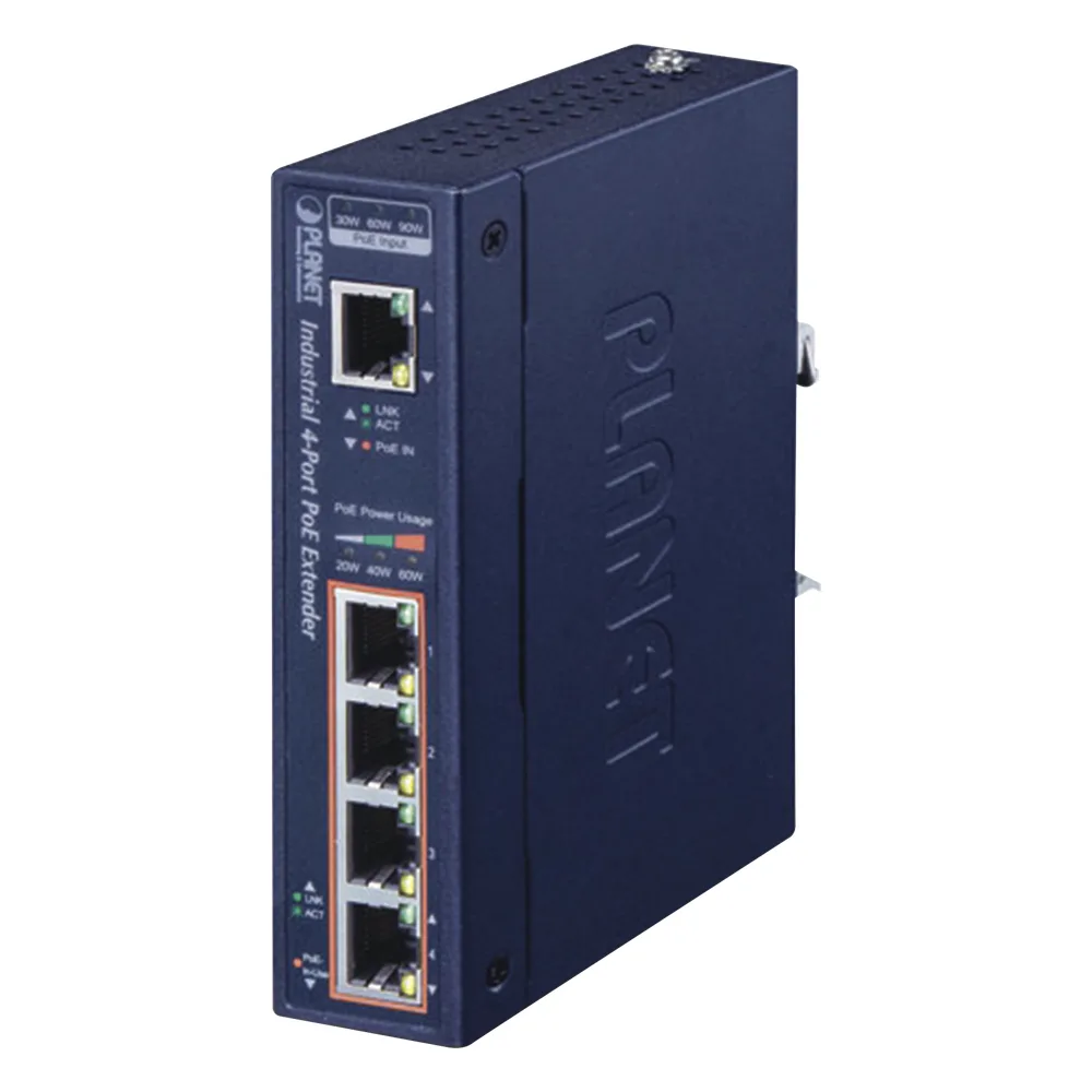 Extensor Industrial PoE, Entrada PoE 802.3 bt  y 4 Puertos de Salida Gigabit 802.3 af/at