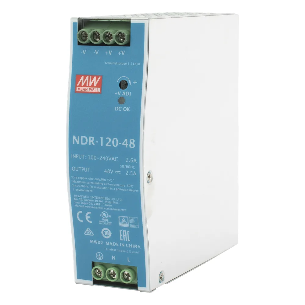 Fuente de poder industrial de 120 W, salida 48 Vcc, entrada 90~264 VCA, para montaje en riel DIN,