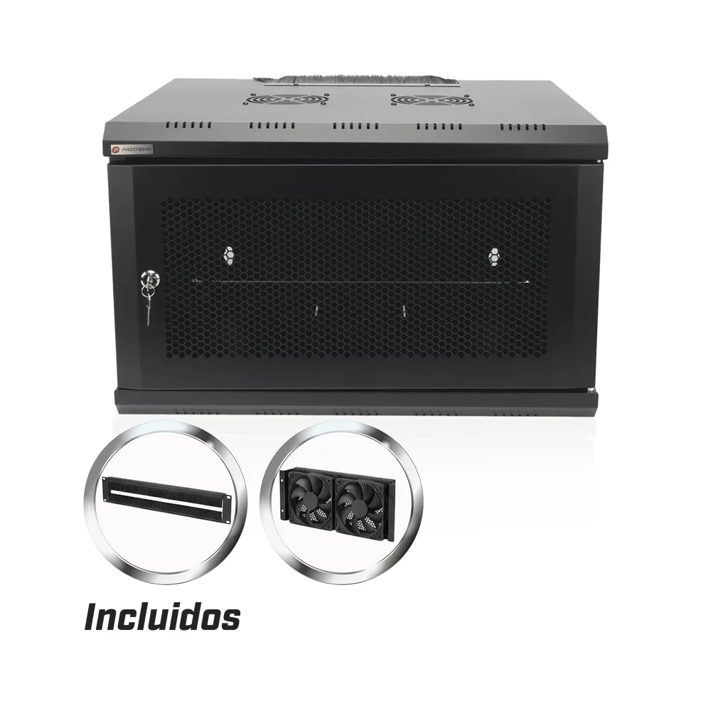 Gabinete de Pared 19 Pulgadas / 6U / 600 x 550 x 368 mm (23.6 x 21.7 x 14.5 in) / Acero SPCC RAL 9004 / Carga Estática 60 kg / IP20 Interior / Ventiladores CA / Panel Cepillo para Cables