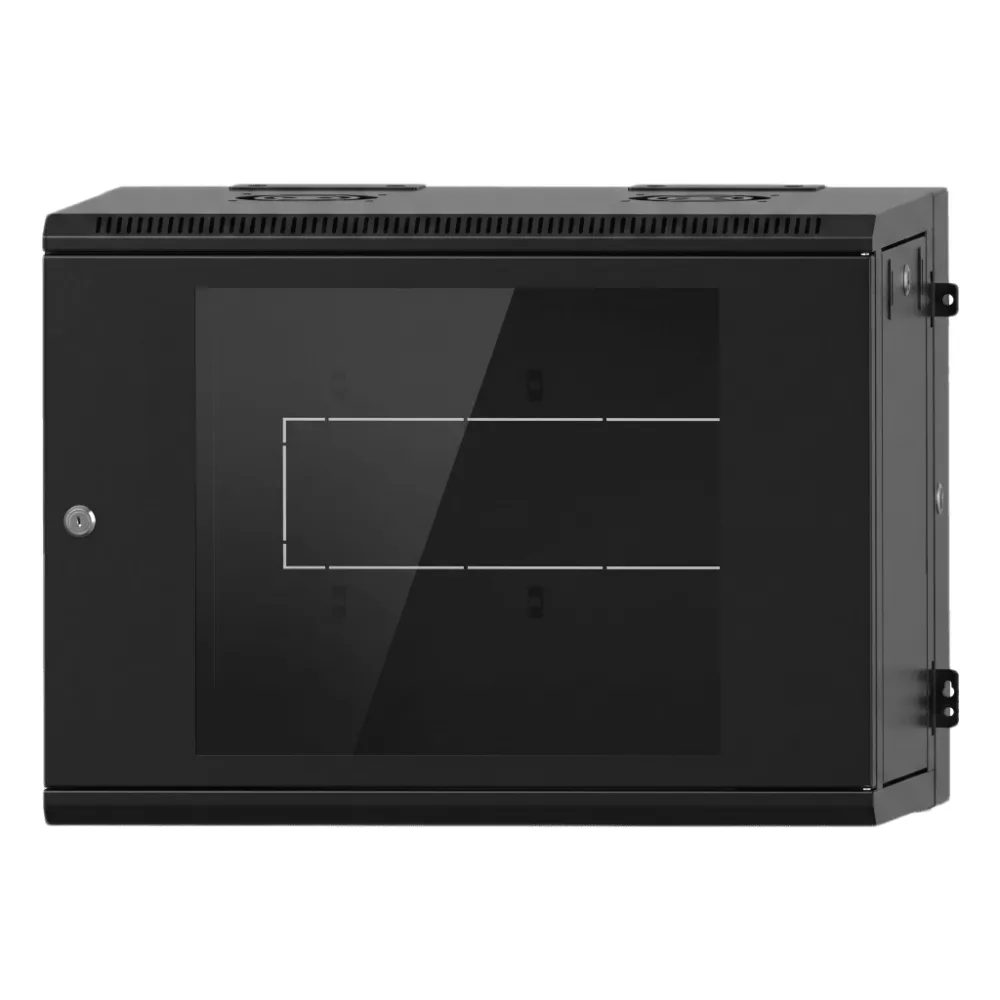 Gabinete Rackeable / 09 Unidades / Pared 19 Pulgadas / Puerta de Cristal / Acero Calibres 18-22 / Carga 80 kg / Dimensiones 634x632x468 mm (25x24.9x18.4 in) / Abatible 120° / Ventilación