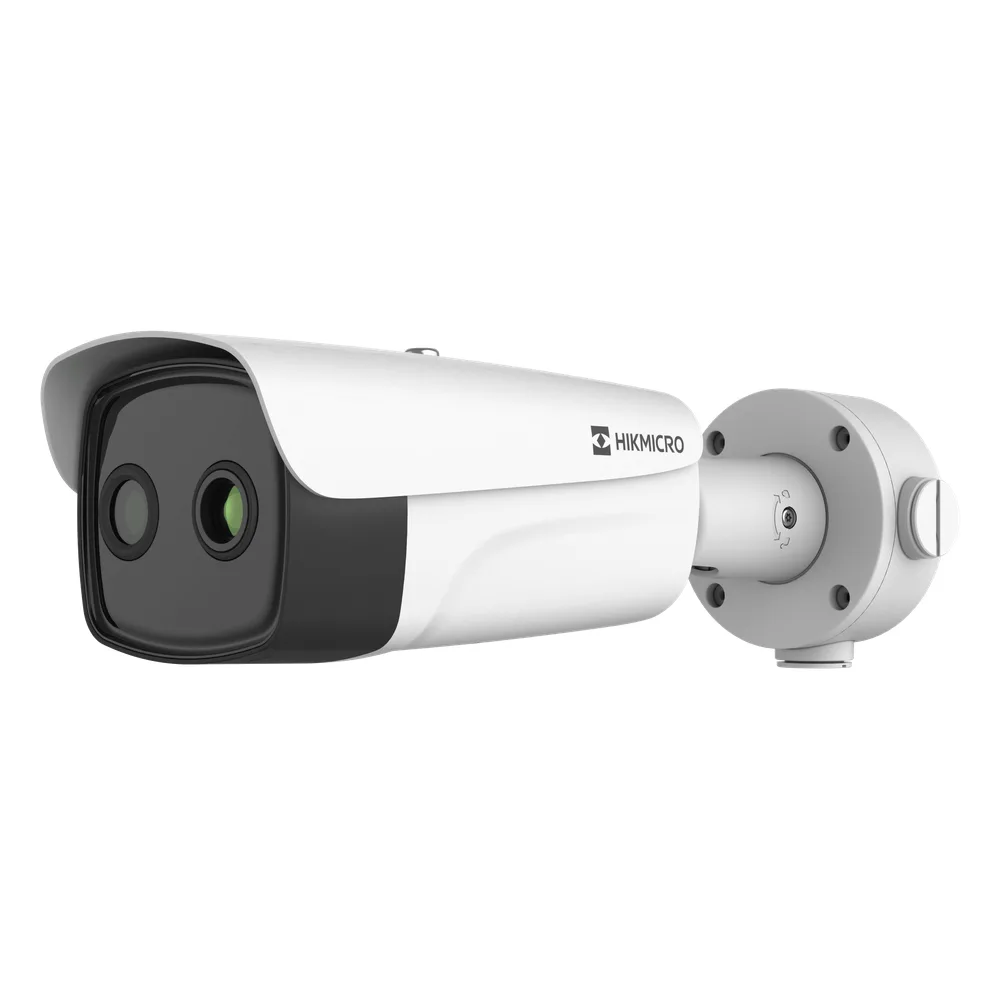 (HIKMICRO) Bala IP Bi-espectral / Térmica (384 X 288 / 9.7 mm) + Óptica (4 MP / 6.4 mm) / IA GUANLAN / Rango: -20°C a 650°C / 2°C Margen / Detección de Fuego y Humo / Alarma Visual y Audible / Dual Light / PoE / IP67 / Ant