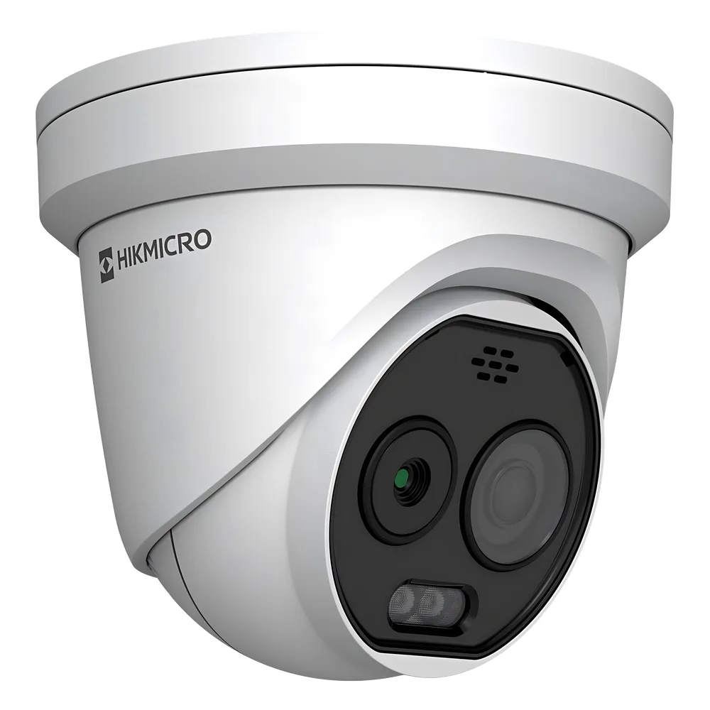 (HIKMICRO) Turret IP Bi-espectral (Térmica + Óptica) / Lente Térmico 2.1 mm (256 X 192) / Lente Óptico 2.2 mm (5 Megapixel) / Detección de Temperatura (-20°C a 650°C) / IA con GUANLAN / Dual Light (30 mts IR + 30