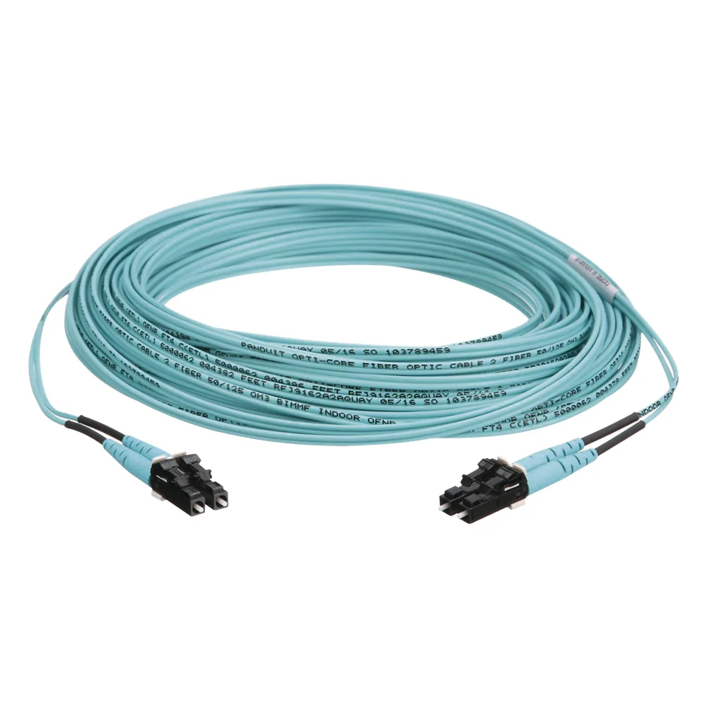 Jumper de Fibra Optica Multimodo 50/125 OM3, LC-LC Duplex, OFNR (Riser), Color Aqua, 15 Metros (49.21 Pies)