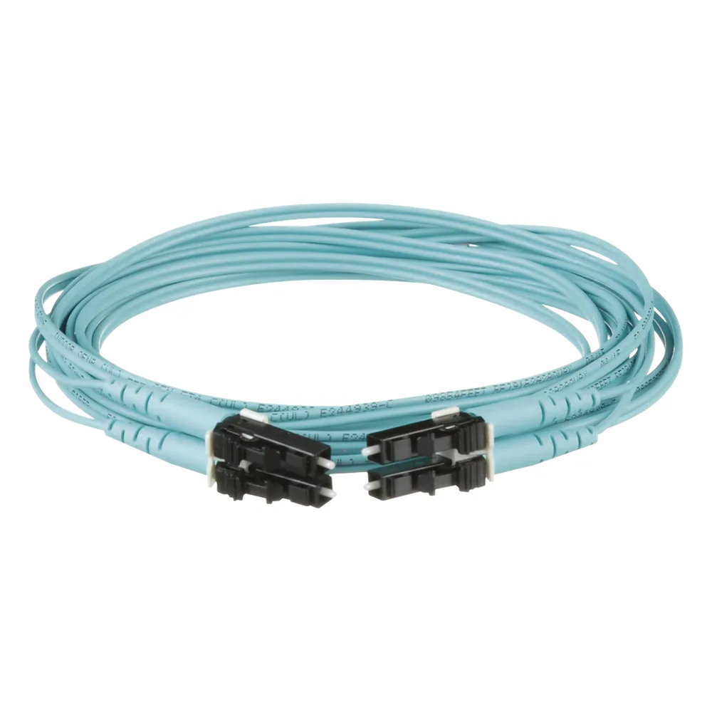 Jumper de Fibra Optica Multimodo 50/125 OM3, LC-LC Duplex, OFNR (Riser), Color Aqua, 9 Metros (29.53 Pies)