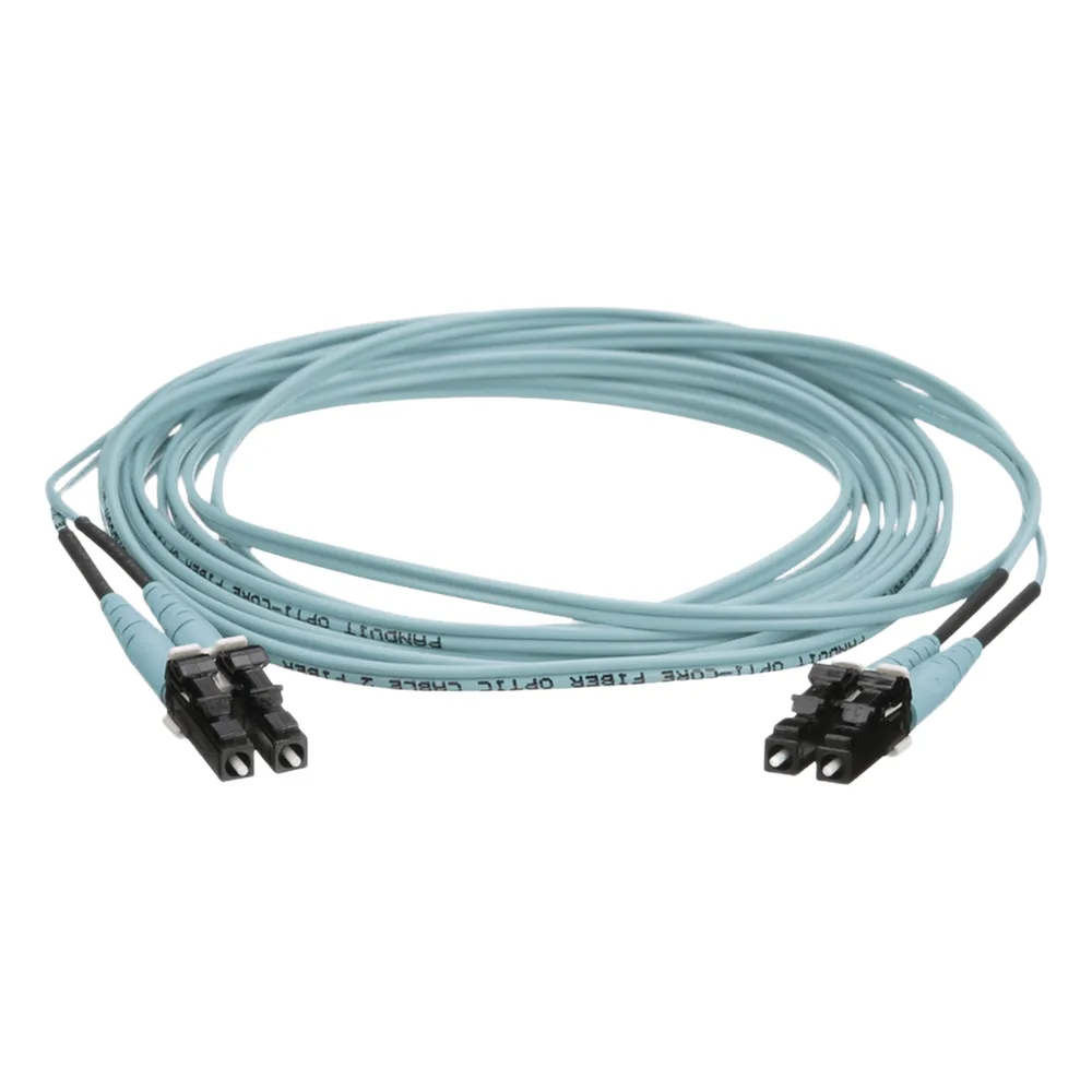 Jumper de Fibra Optica Multimodo 50/125 OM4, LC-LC Duplex, OFNR (Riser), Color Aqua, 9 Metros (29.53 Pies)
