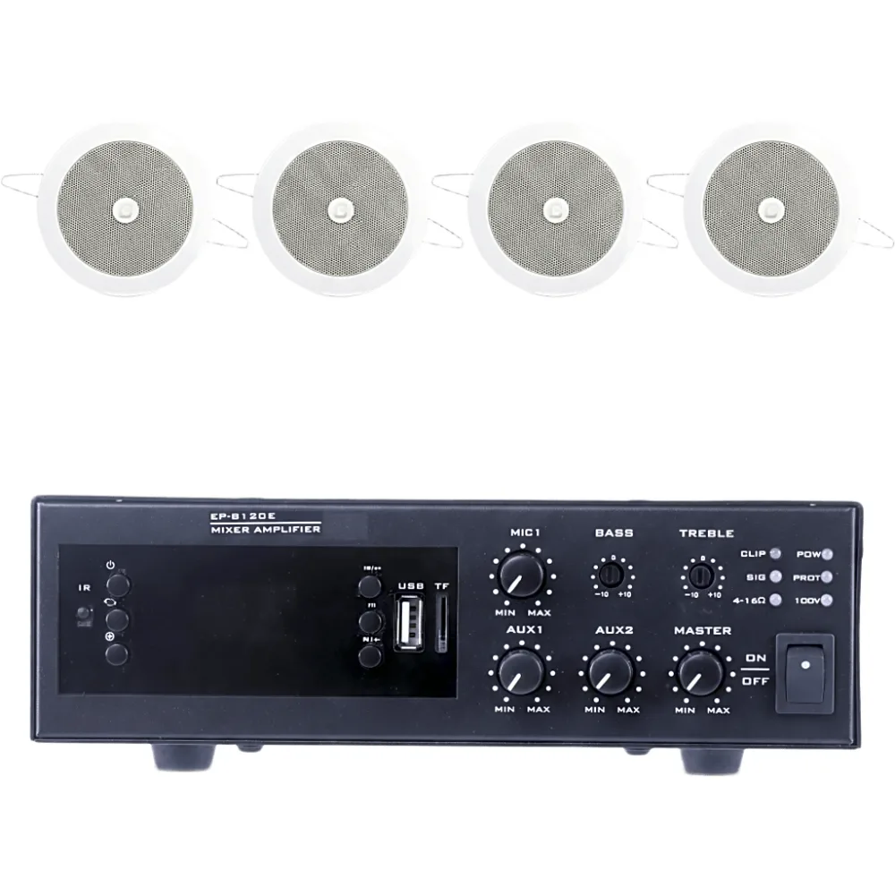 KIT de Amplificador de 120W para Escritorio | 4 Altavoces de Plafón de 4" | 3 - 6W | Sistema 70/100V
