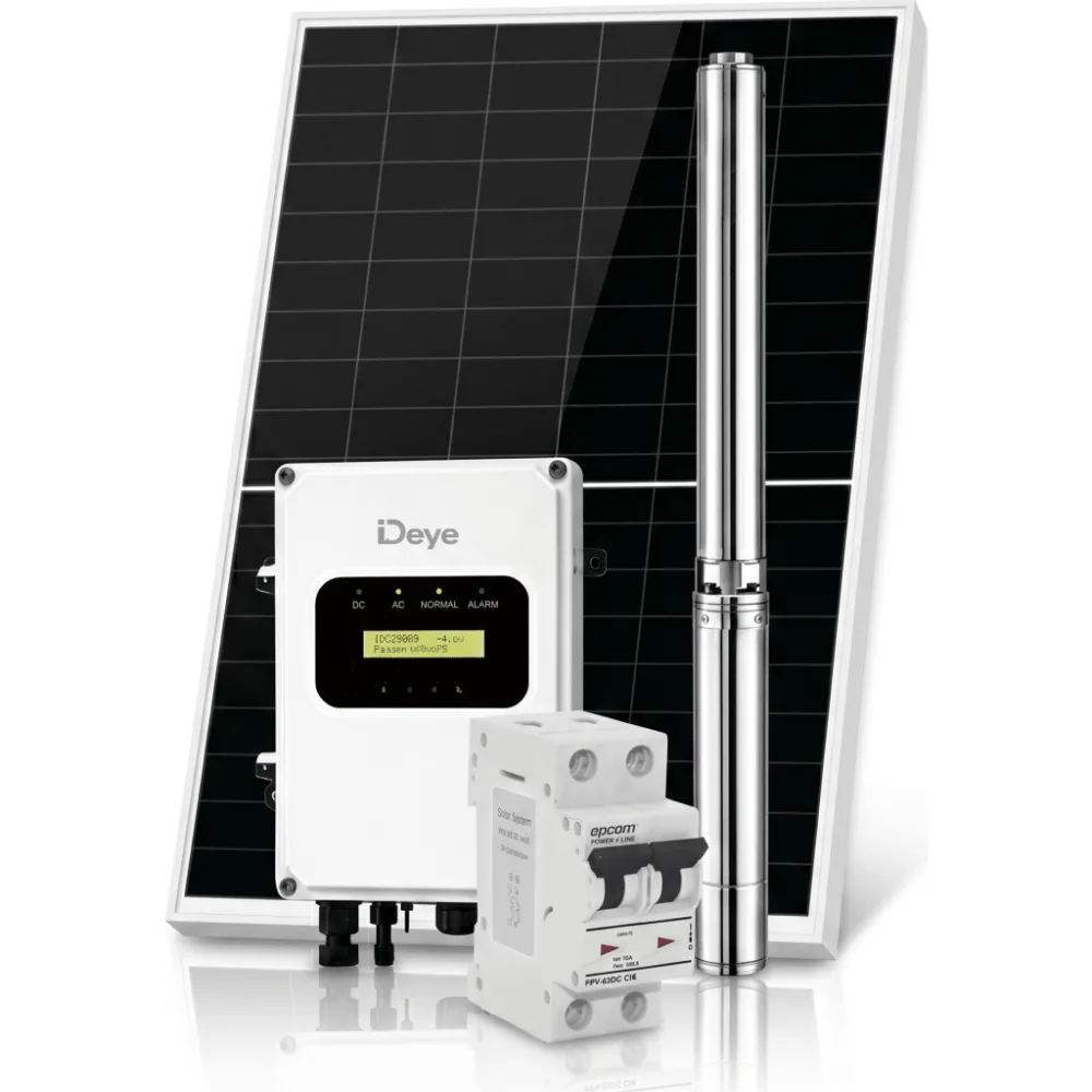 Kit de Bombeo Solar 2200W (3 HP) / Bomba Sumergible con Controlador Híbrido AC/DC 136-264VAC / 108-403VCD / 5 Módulos Solares 540W / Interruptor Termomagnético 2P 20A 800V CC / Protector de Descargas Atmosféricas / Gabinete IP6