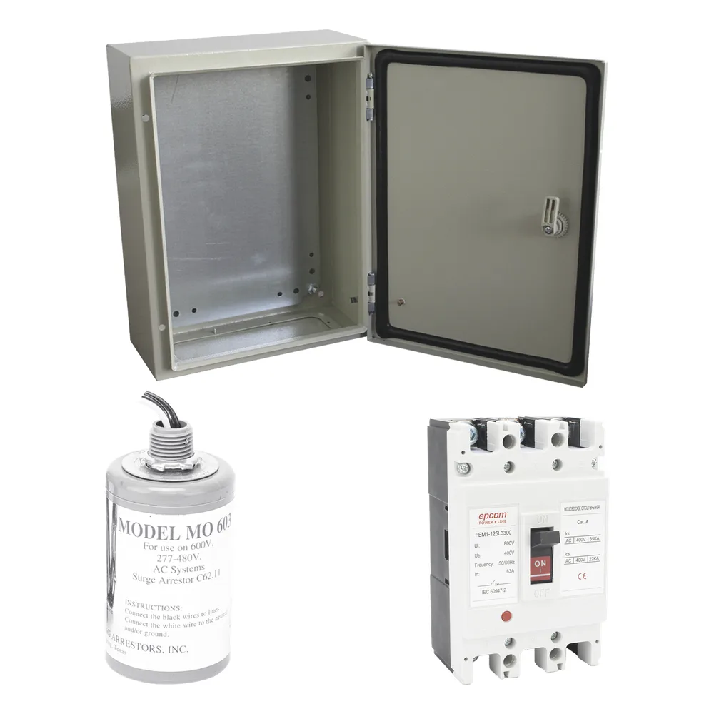 Kit de Centro de Carga Trifasico Para Corriente Alterna, Breaker de hasta 690 Vc de 125 A con Supresor de Descargas Atmosféricas.