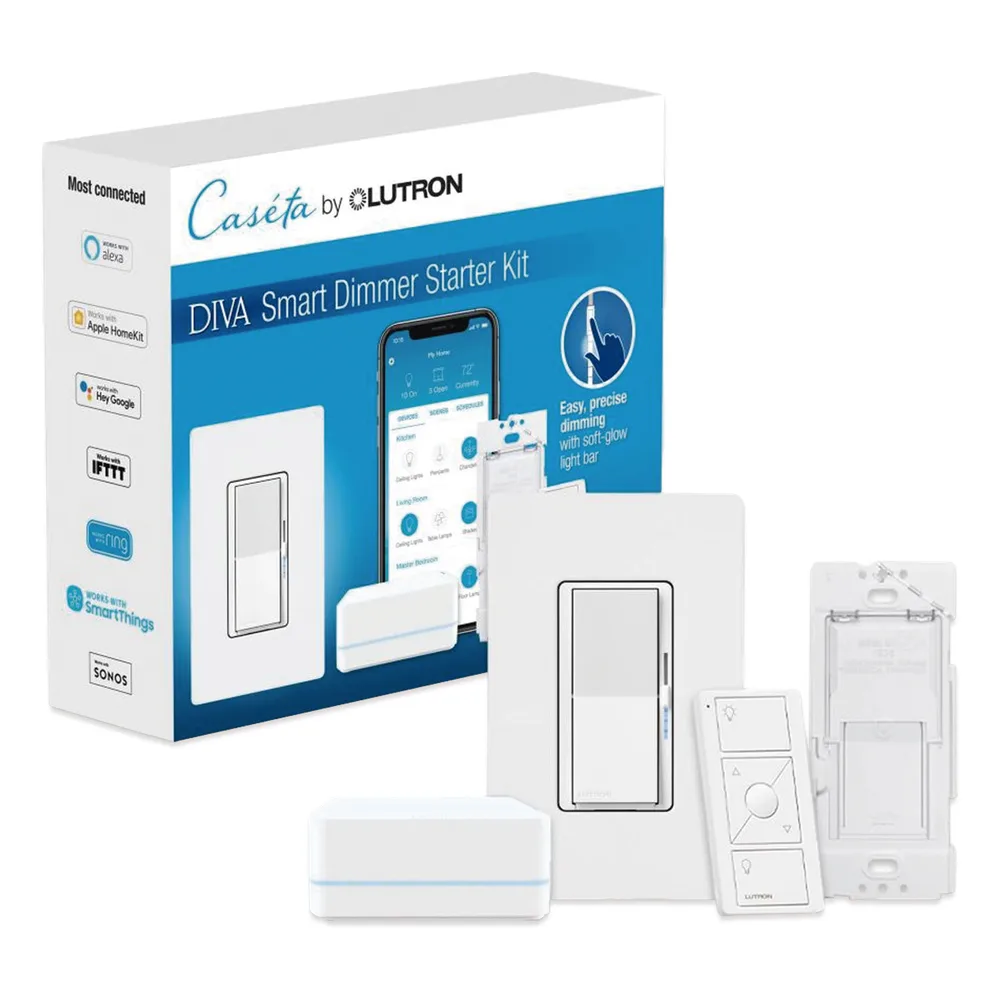 Kit de inicio Caseta Wireless con hub, atenuador de pared Diva de 150 W LED o 600 W incandescente sin neutro, control Pico, tapa y adaptador de pared, compatible con Apple HomeKit – vista 2