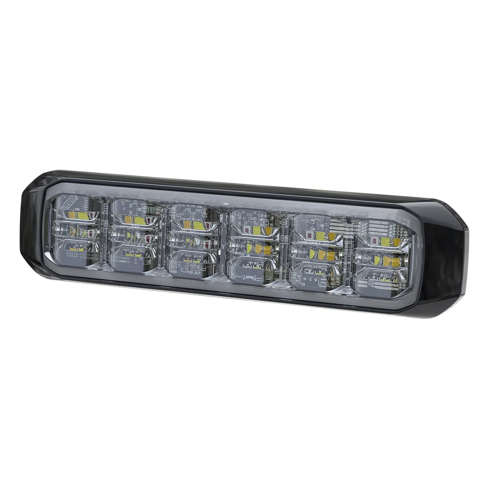 Luz Auxiliar de 18 LED, Tricolor Rojo/Blanco/Azul, Lente Transparente, Bisel Negro, SAE