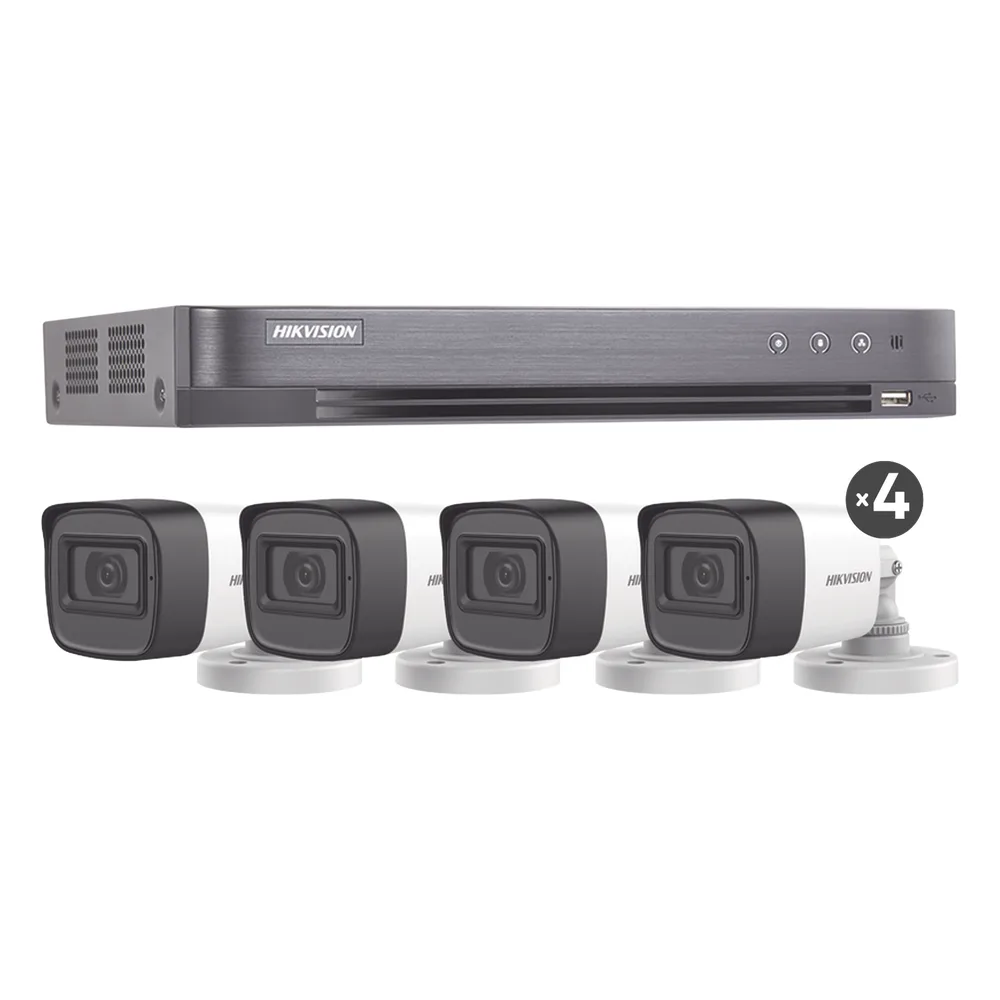 (MICRÓFONO INTEGRADO) KIT TURBOHD 5 Megapixel / DVR 4 Canales / 4 Cámaras Bala con Micrófono Integrado (exterior 2.8 mm) / Fuente de Poder / Accesorios de Instalación