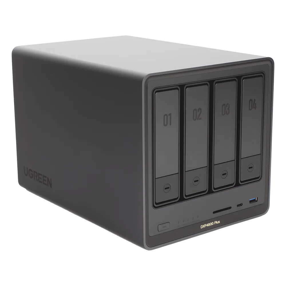NAS UGREEN NASync DXP4800 Plus / Procesador Intel Pentium Gold 8505 5 Núcleos / 4 Bahías SATA + 2 M.2 NVMe PCIe 4.0 / 8GB DDR5 Expandible a 64GB / 10GbE + 2.5GbE / USB 3.2 Gen 2 Tipo C / HDMI 4K / Sistema Almacenamiento Conectado Red – vista 4