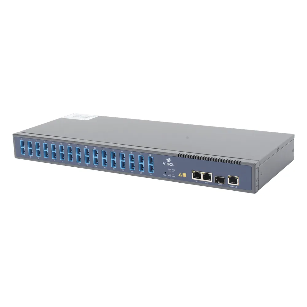OLT de 1 GPON puerto con Splitter de 1 a 32 SC/UPC Incluido  + 3 puertos Uplink (2 puertos Gigabit Ethernet + 1 puerto SFP/SFP+) , hasta 128 ONUS