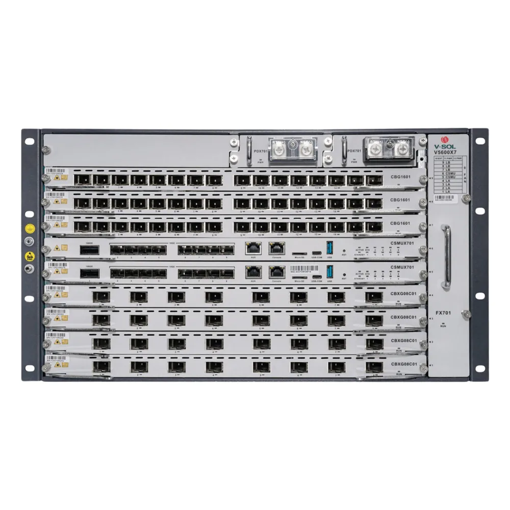 OLT Modular tipo Chasis GPON/XGS-PON Combo, 7 Ranuras de Servicio, Incluye 1 Tarjeta de Servicio de 16 puertos GPON
