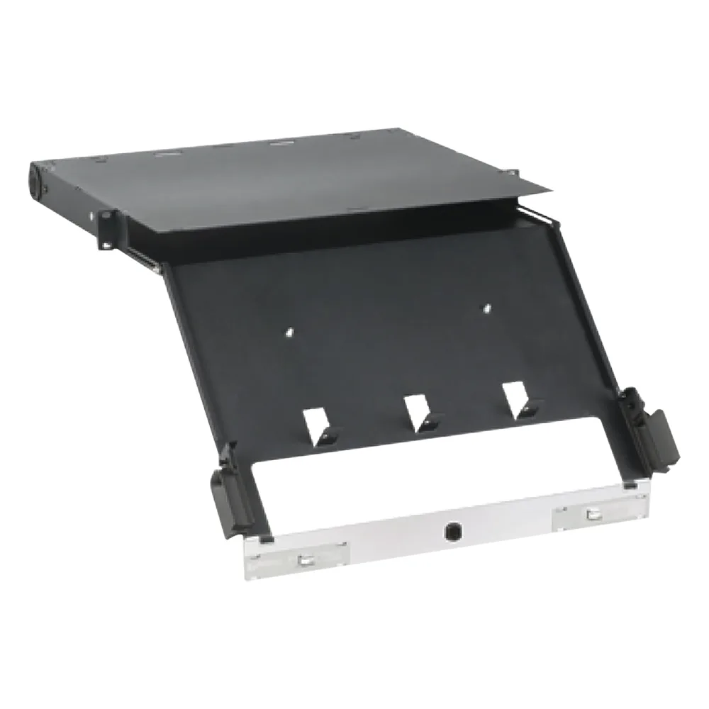 Panel de Distribución de Fibra Óptica, Acepta 4 Placas FAP o FMP, Bandeja Deslizable e Inclinable Hacia Abajo, Hasta 96 Fibras, Color Negro, 1UR