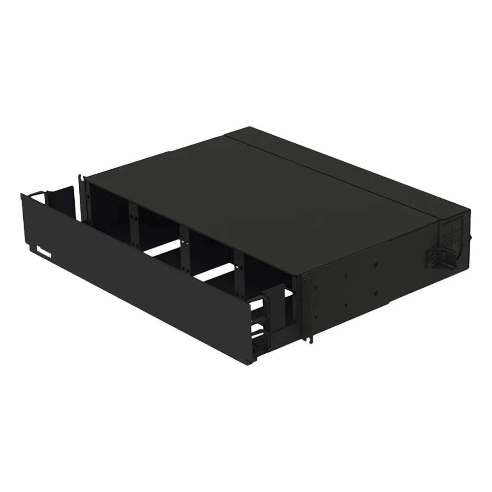 Panel de Distribución de Fibra Óptica, Acepta 8 Placas FAP o FMP, Bandeja Deslizable, Hasta 192 Fibras, Color Negro, 2 UR – vista 2