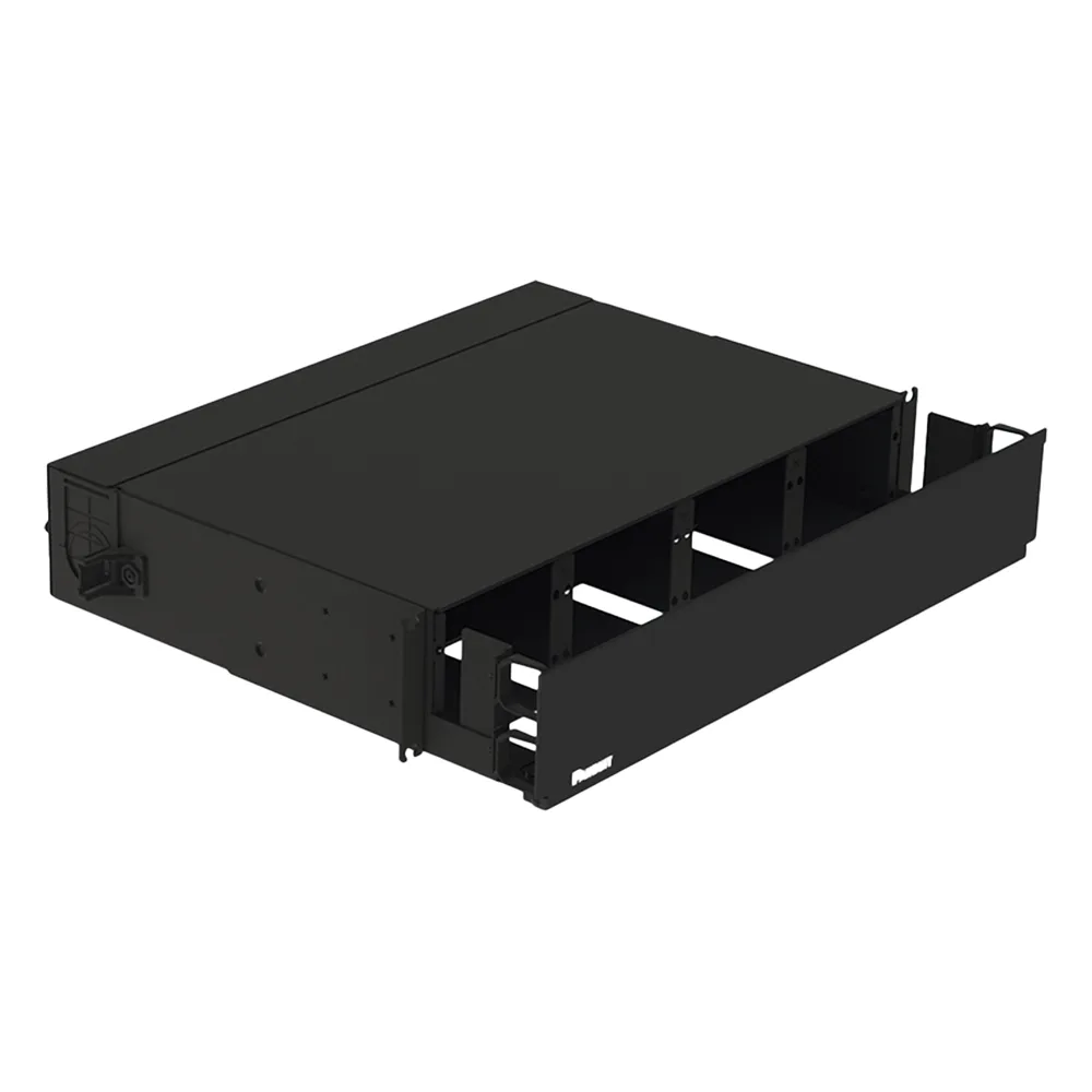 Panel de Distribución de Fibra Óptica, Acepta 8 Placas FAP o FMP, Bandeja Deslizable, Hasta 192 Fibras, Color Negro, 2 UR – vista 3