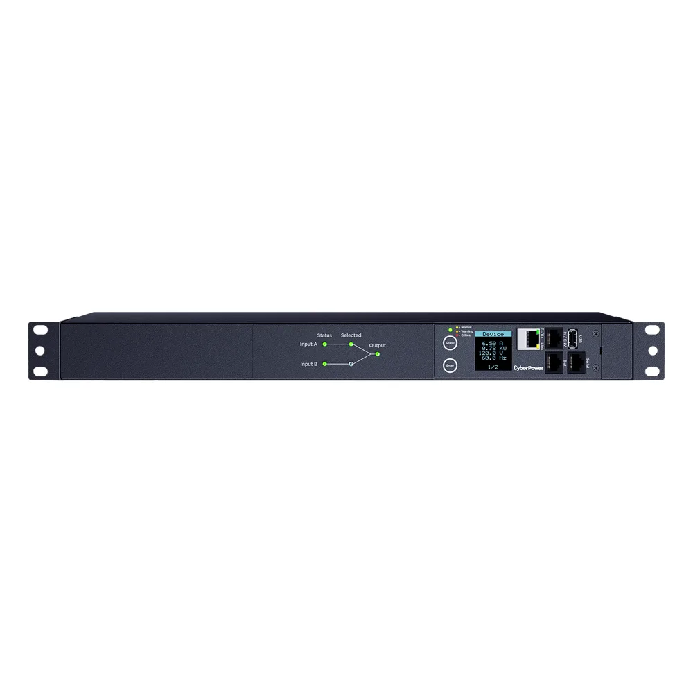 PDU ATS (Fuente Redundante Auto-transferible) Monitoreable, Para Distribución de Energía, 2 Entradas 120 Vca NEMA5-15P, Con 10 Salidas NEMA 5-15R, Horizontal 19in, 1UR – vista 2