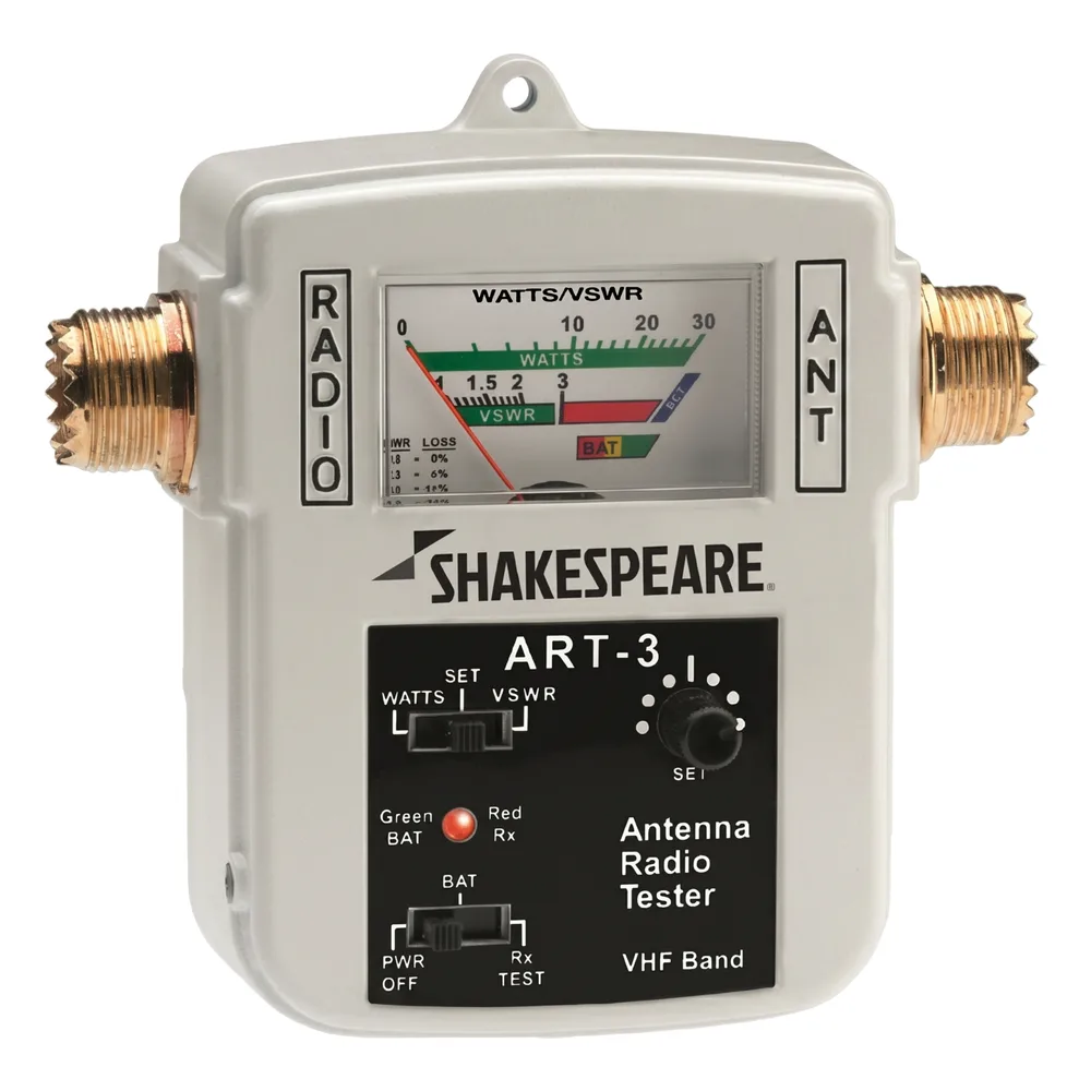 Probador de Antena y Radio SHAKESPEARE ART-3 / Mide Recepción, Potencia y VSWR / 155-158 MHz / Escala 0-30 W / Conectores SO-239 / Portátil a Batería 12 V