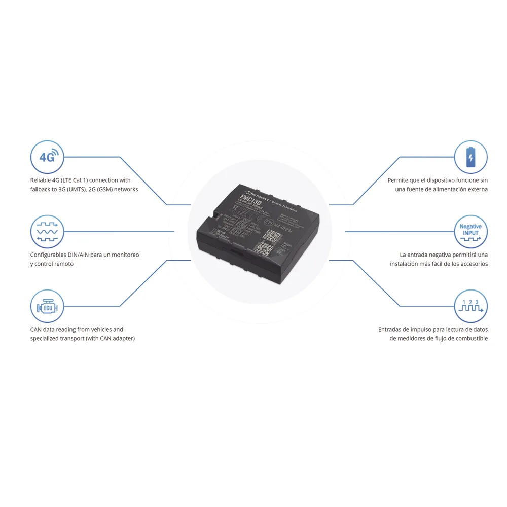 Profesional Rastreador Vehicular (GPS) 4G LTE CAT 1 y 2G / Identificación de Conductores / Bloqueo Remoto / Detección de Jammer / Sensores Bluetooth / Múltiples I/O – vista 2
