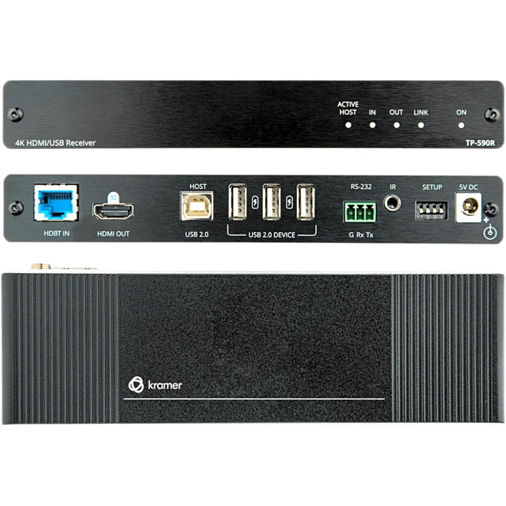 Receptor HDMI 4K60 4:2:0 con USB, RS-232 e IR sobre HDBaseT 2.0 de Largo Alcance | 4K UHD @60Hz (4:2:0) 24bpp | HDCP 2.3 | HDBaseT 2.0 | 10.2 Gbps | Extensión 40 m (130 ft) a 4K, 70 m (230 ft) a 1080p | Puertos: 1 HDBT, 1 HDMI, 1 USB Host, 3 USB De