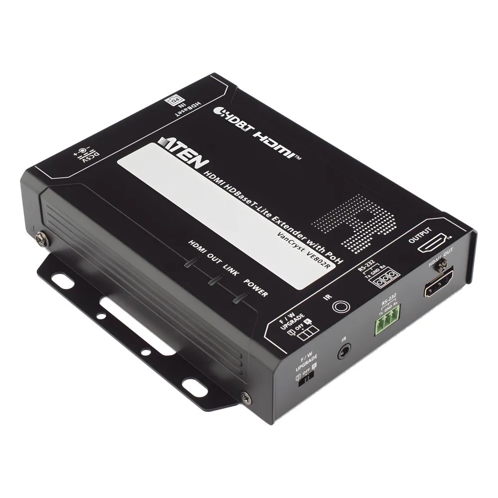 Receptor HDMI HDBaseT-Lite con PoH | 4K a 35 m (Cat 5e/6) / 40 m (Cat 6a/ATEN 2L-2910 Cat6); 1080p a 60 m (Cat 5e/6) / 70 m (Cat 6a/ATEN 2L-2910 Cat6) | HDBaseT Clase B | PoH PD | – vista 4