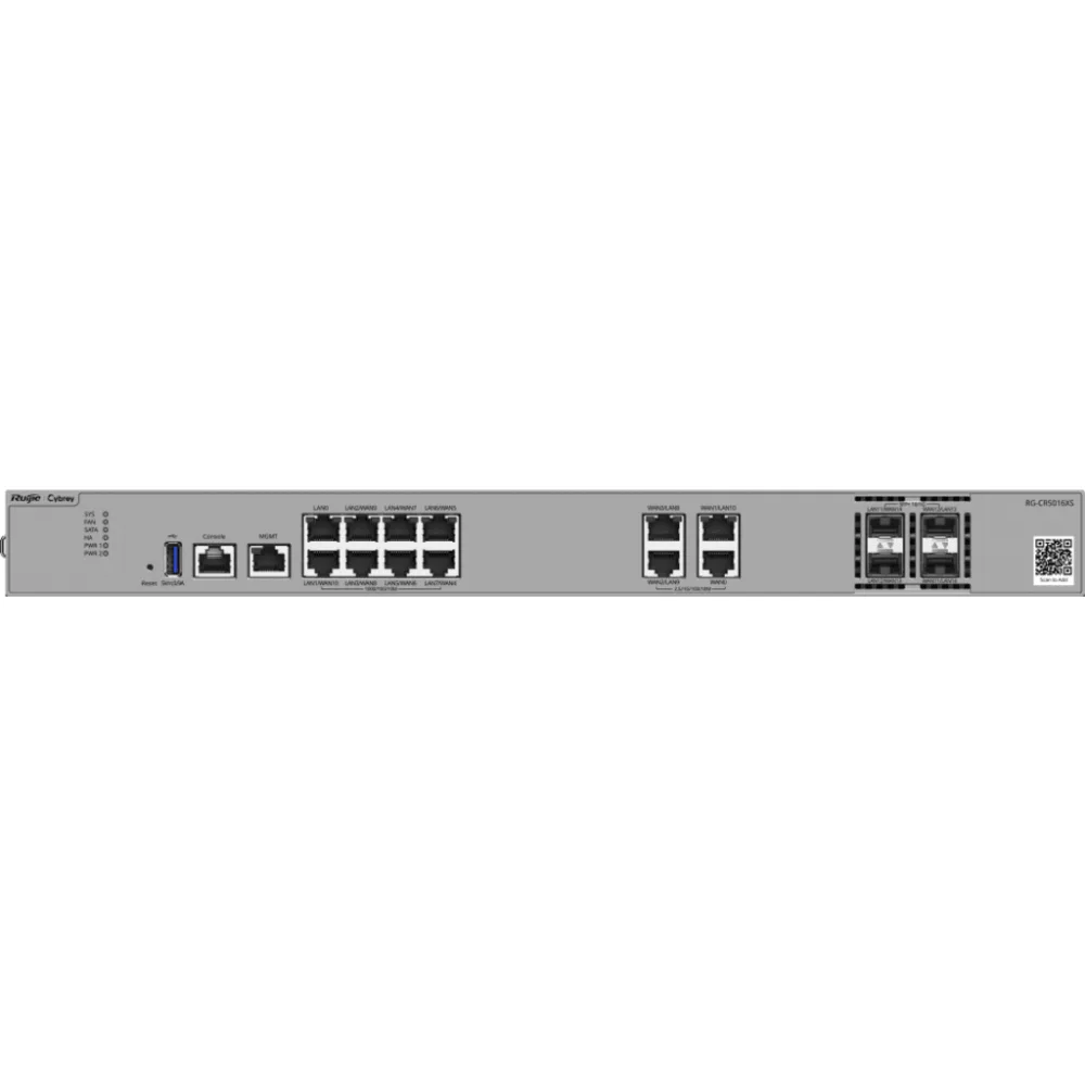 Router Cloud-Managed / 15 Gbps de Rendimiento / 8 Puertos GE RJ45 + 4 Puertos 2.5GE RJ45 + 4 Puertos 10GE SFP+ / SD-WAN / Anti-DoS/DDoS por Hardware / Gestión Cloud / 1 RU / Línea Cybrey – vista 2