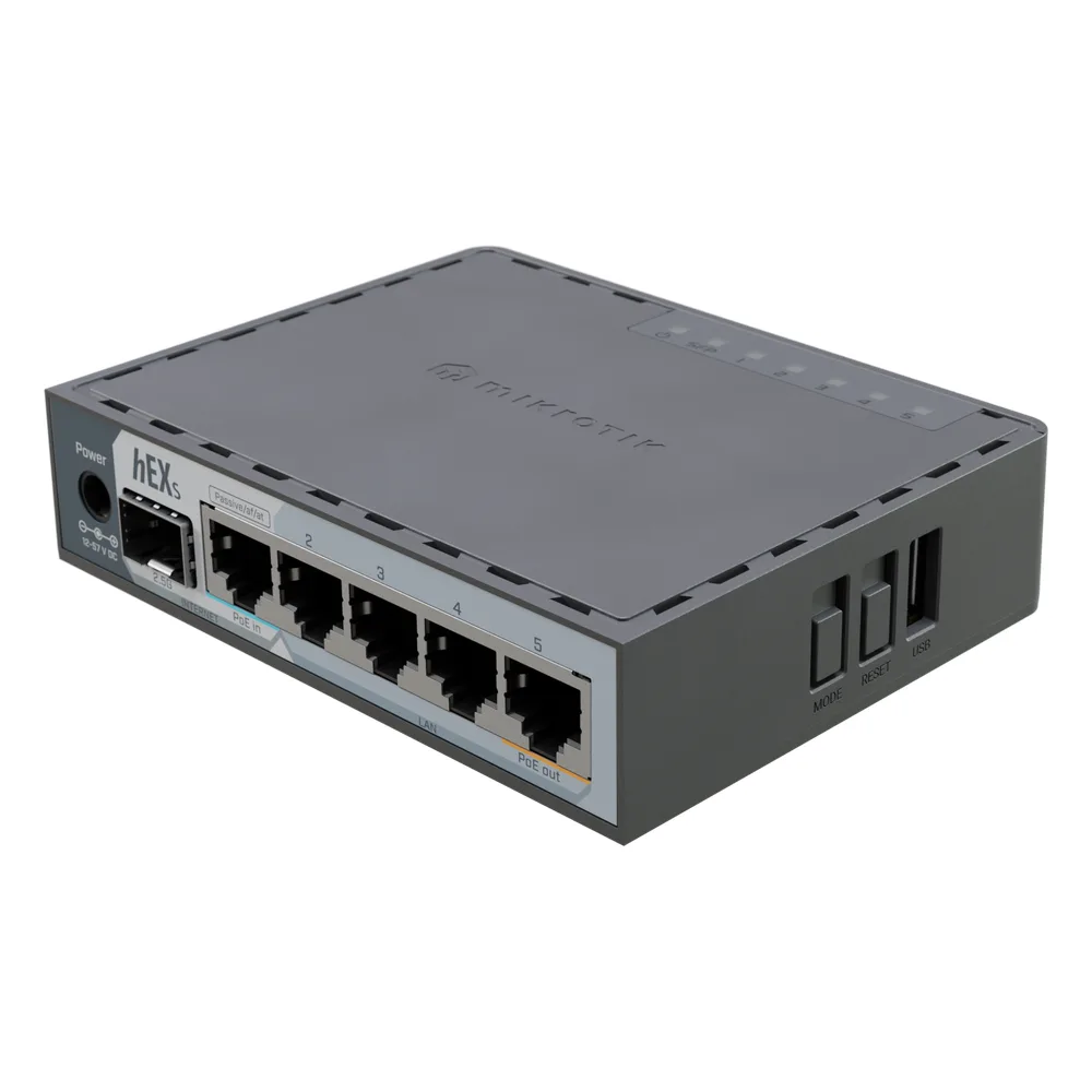 Router hEX S / 5 Puertos Gigabit Ethernet / 1 Puerto SFP 2.5G / Dual-Core ARM / 512 MB RAM / RouterOS V7 / PoE-In y PoE-Out / Montaje en Pared