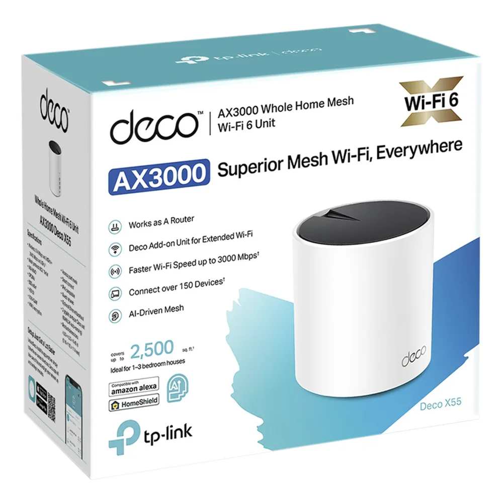 Router Inalámbrico MESH Interior para Hogar / Doble Banda Wi-Fi 6 AX3000 Mbps / 3 Puerto Gigabit WAN/LAN / 2 Antenas Internas / Administración Mediante la App Deco (iOS, Android) / Protección HomeShield – vista 3